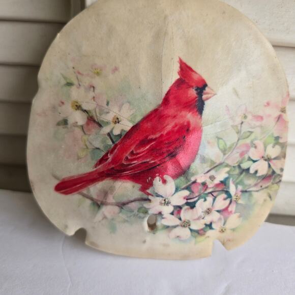 Vintage Hand Painted Sand Dollar Red Cardinal On Dogwood Blossoms 4 X 5 inches - Picture 7 of 8